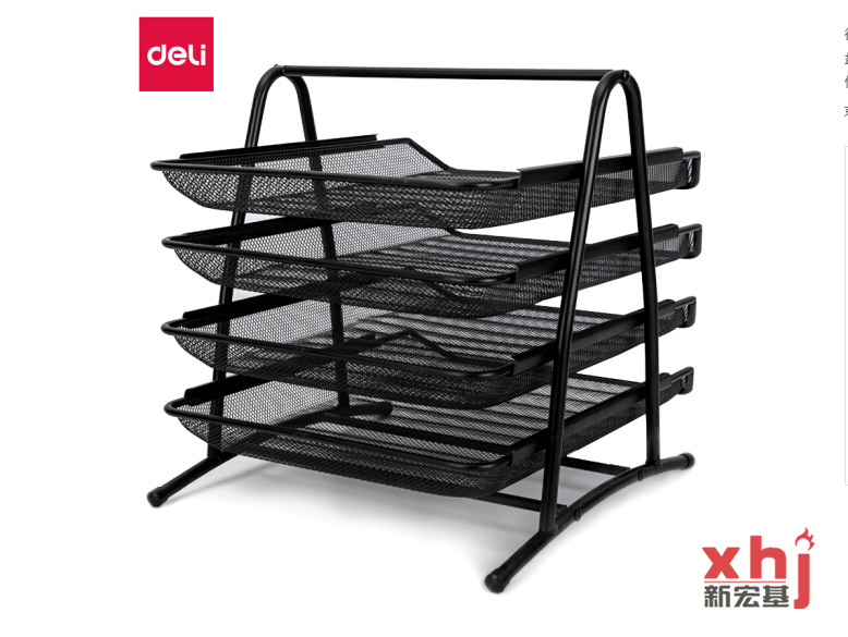 得力(deli)商务四层金属文件盘 托盘可前后移动 高质文件座 黑9184