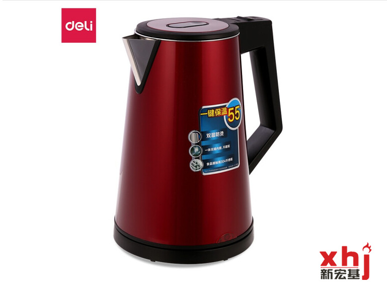 得力(deli)热水壶无缝内胆不藏垢全钢双层1.5L防烫持久保温得力电热水壶0767 红色
