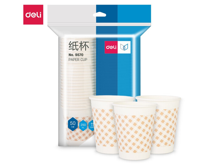 得力(deli)250ml(9盎司)加厚一次性水杯/纸杯 50只装 办公用品 9570