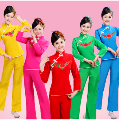 新款套装女中老年扇子舞广场舞腰鼓服装民族舞蹈演出服